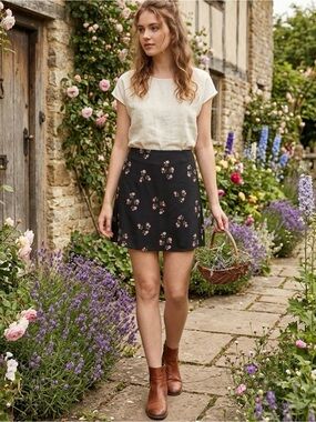 Black Mini Skirt with Pink Floral Print